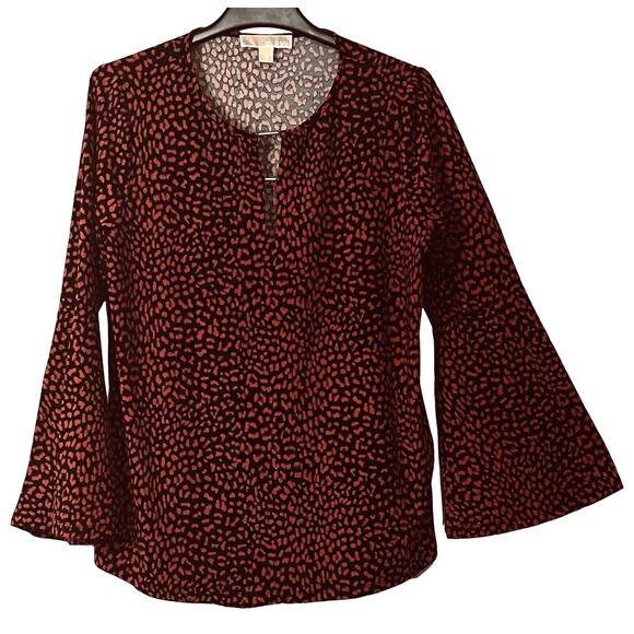 Michael Kors Top Womens Size L Red Animal Print Long Sleeve Pullover Keyhole - Picture 1 of 8